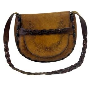 LEATHER Floral Embossed Shoulder Bag, Front Flap, Braided Strap